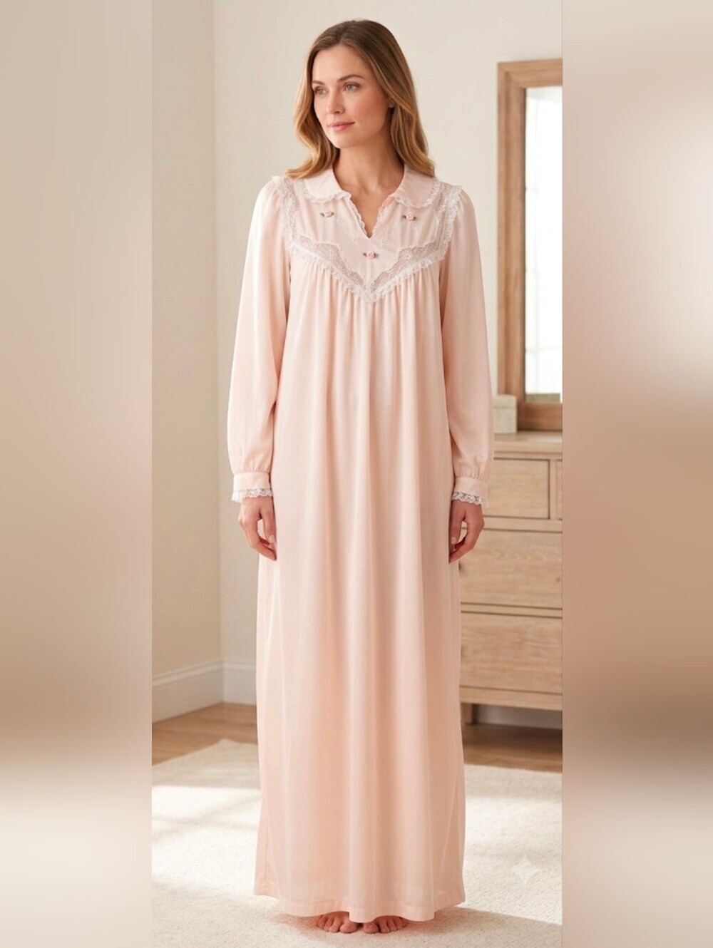 Vintage Long Sleeve Lace-Trim Nightgown - Light Blush